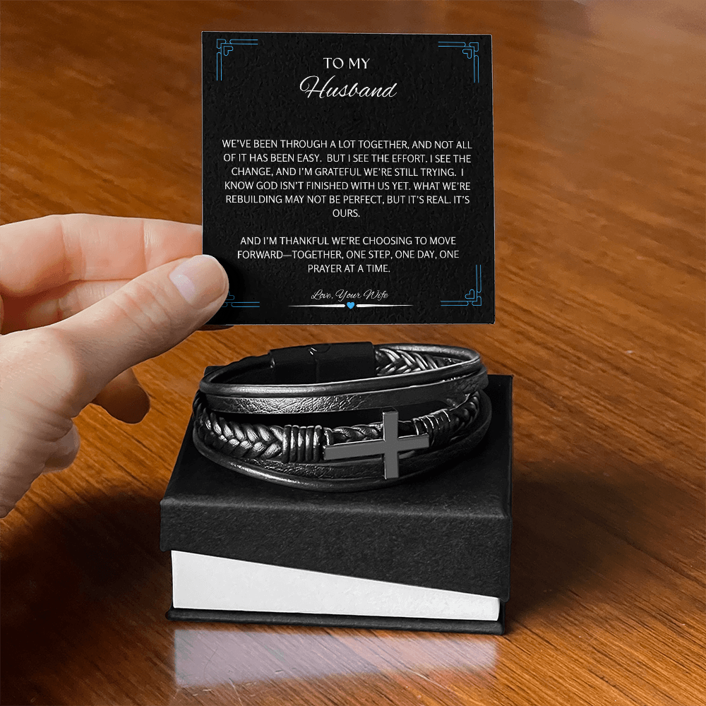To My Husband - Men's Cross Leather Bracelet