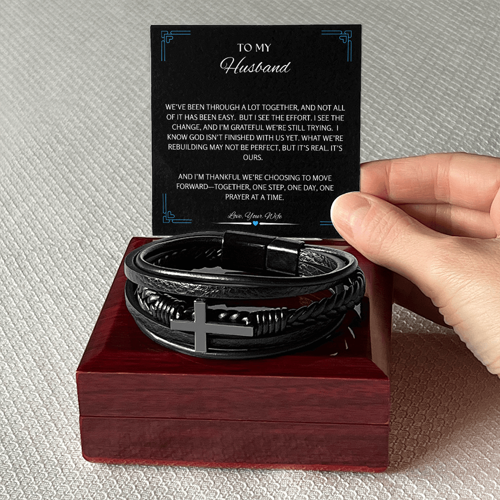 To My Husband - Men's Cross Leather Bracelet